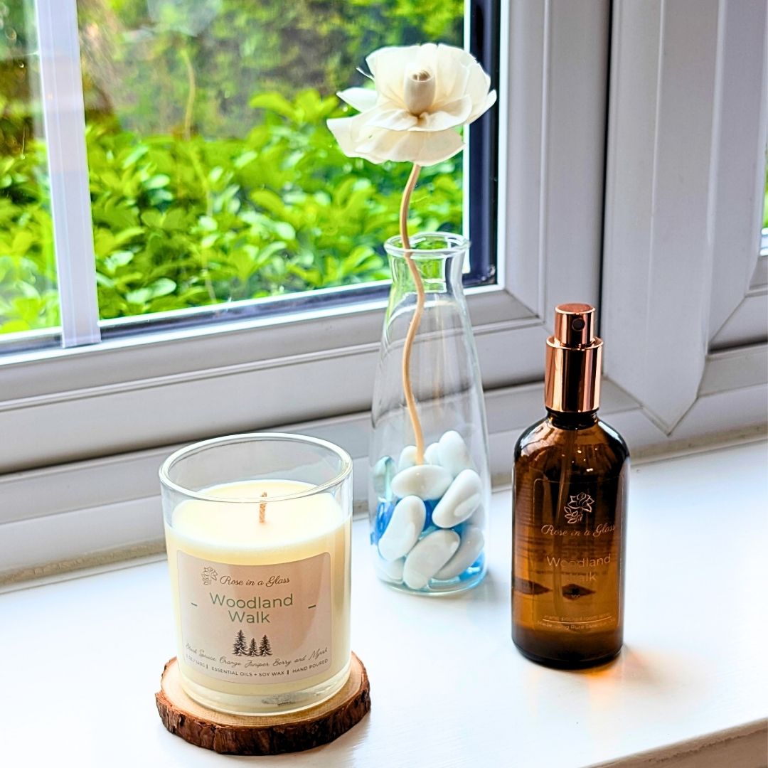 Woodland Walk Aromatherapy gift set on a windowsill for a mindful sensory support wellness gift
