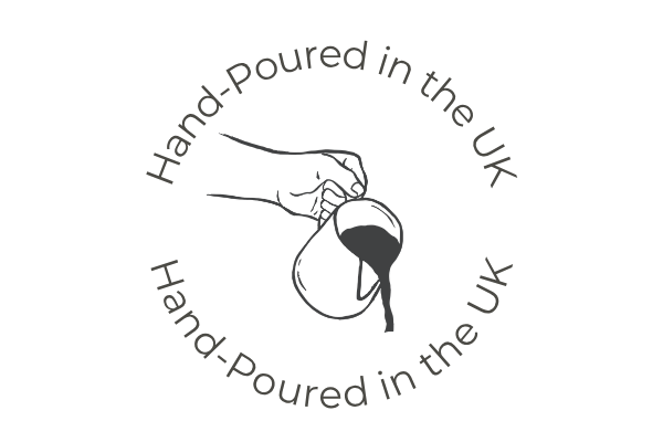 Logo with a hand pouring liquid into a jug, surrounded by 'Hand-Poured in the UK' text.