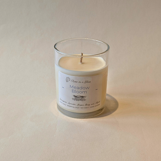 Pure essential oil Meadow Bloom soy candle in reusable glass to calm busy minds and find focus