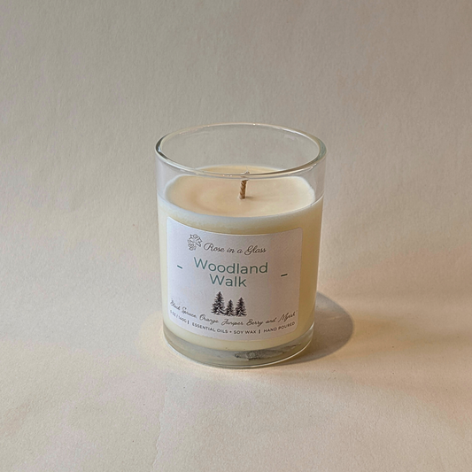 Pure essential oil Woodland Walk soy candle in reusable glass to calm busy minds and find focus