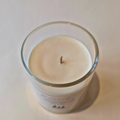 Close up of non toxic Woodland Walk  soy wax hand poured in Hampshire to help find calm focus and tranquility