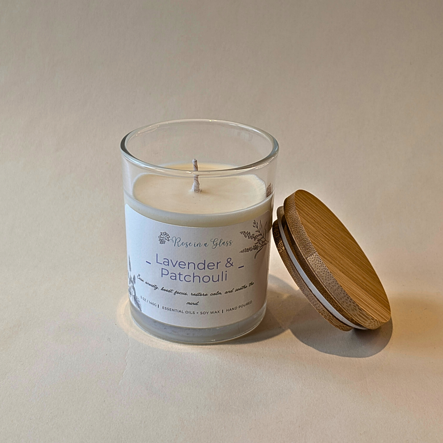 Lavender and Patchouli aromatherapy wellness candle with lid to find calm focus and tranquility Basingstoke