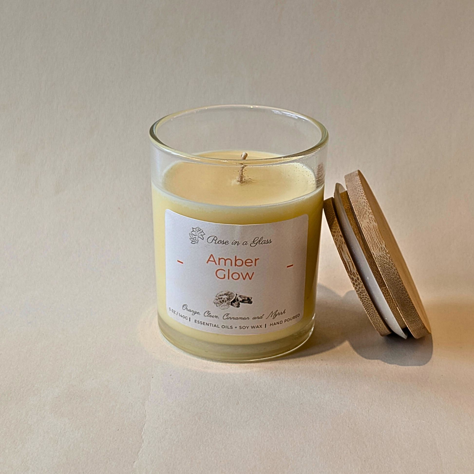 Amber Glow aromatherapy wellness candle with lid to find calm focus and tranquility Basingstoke