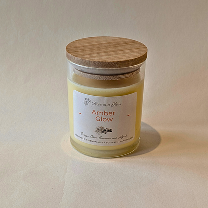 Closed Amber Glow sensory support candle in reusable glass jar for aromatherapy wellness UK