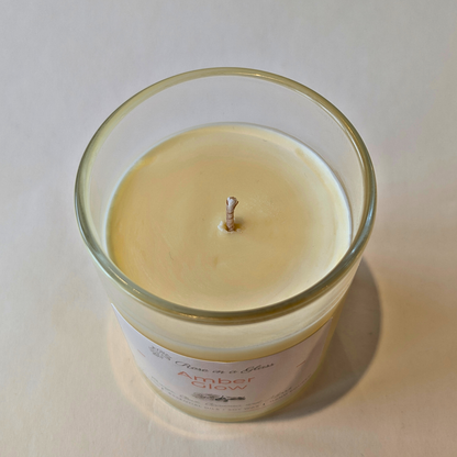 Close up of Amber Glow non toxic  soy wax hand poured in Hampshire to help find calm focus and tranquility