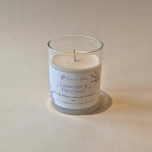Pure essential oil Lavender and Patchouli soy candle in reusable glass to calm busy minds and find focus