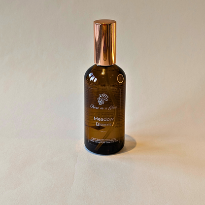 Handcrafted Meadow Bloom aromatherapy spray in reusable glass bottle to find calm and focus UK