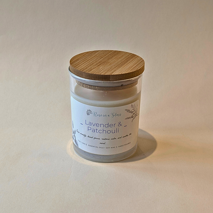 Closed Lavender and Patchouli sensory support candle in reusable glass jar for aromatherapy wellness UK