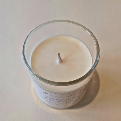 Close up of Lavender and Patchouli candle's non toxic soy wax hand poured in Hampshire to help find calm focus and tranquility