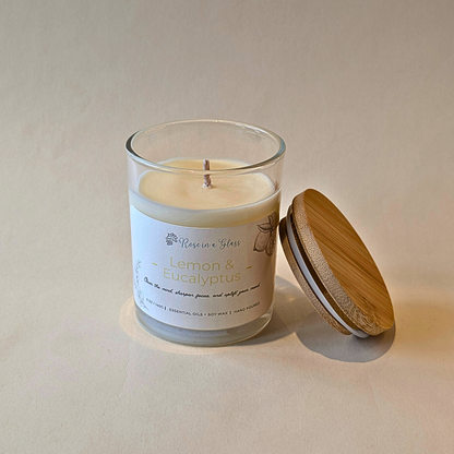 Lemon and Eucalyptus aromatherapy wellness candle with lid to find calm focus and tranquility Basingstoke