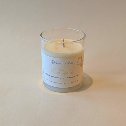 Pure essential oil Lemon and Eucalyptus soy candle in reusable glass to calm busy minds and find focus