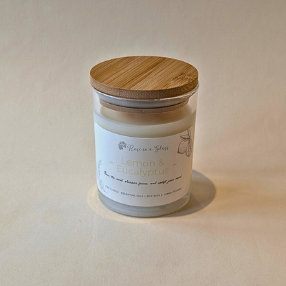 Closed Lemon and Eucalyptus sensory support candle in reusable glass jar for aromatherapy wellness UK