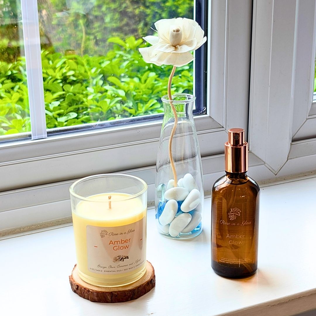 Amber Glow Aromatherapy gift set on a windowsill for a mindful sensory support wellness gift