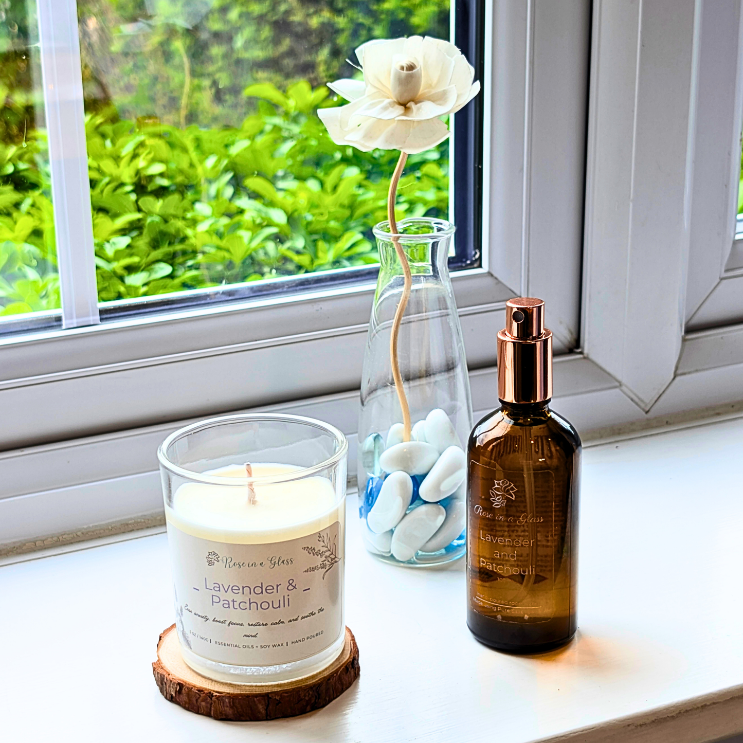 Lavender and Patchouli Aromatherapy gift set on a windowsill for a mindful sensory support wellness gift
