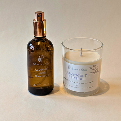 Lavender and Patchouli gift set designed to soothe busy minds and restore calm focus and tranquility