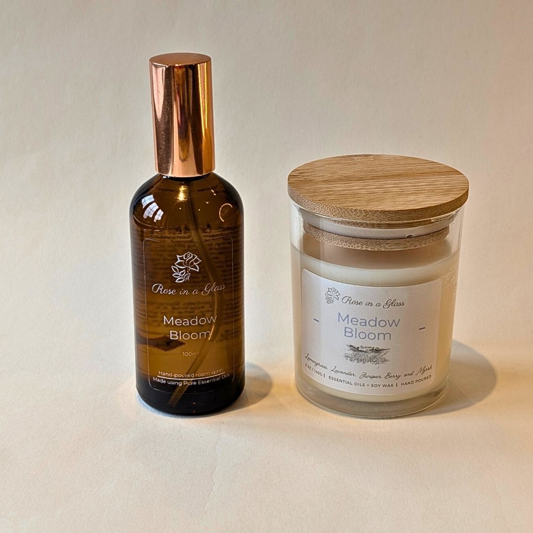 Matching Meadow Bloom candle and spray gift set in reusable glass for aromatherapy wellness
