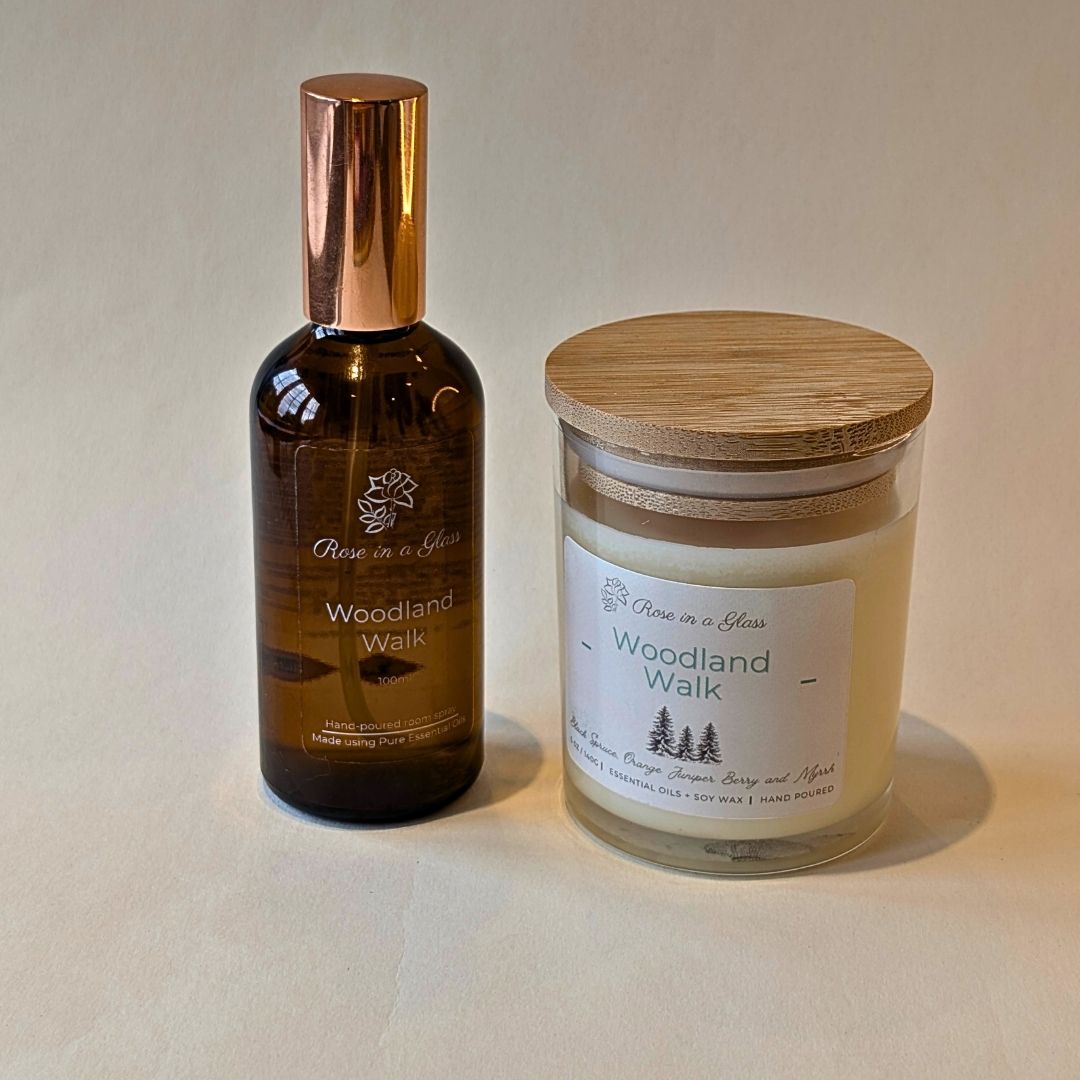  Matching Woodland walk candle and spray gift set in reusable glass for aromatherapy wellness
