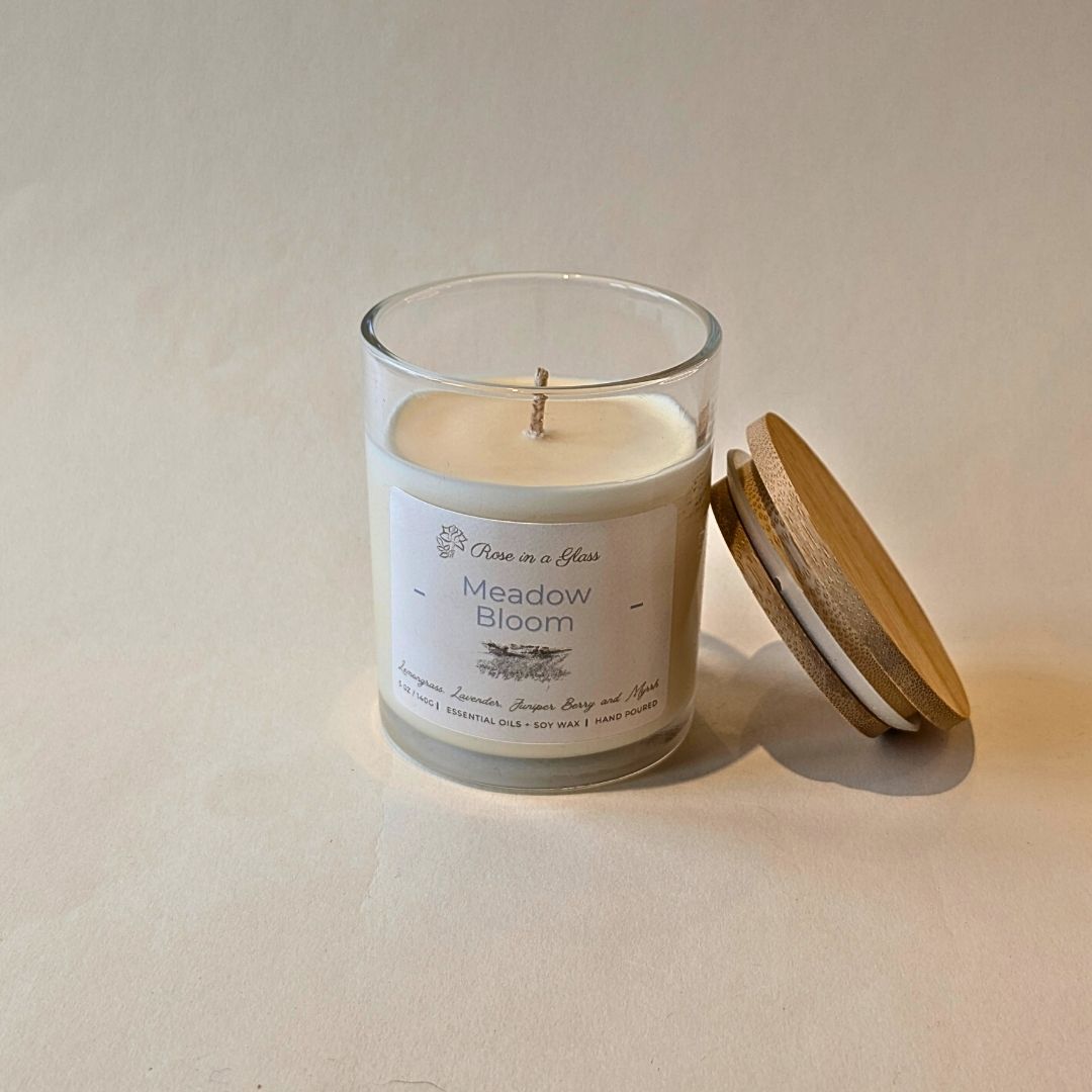 Soy candle in the Meadow Bloom aromatherapy wellness gift set to find calm focus and tranquillity