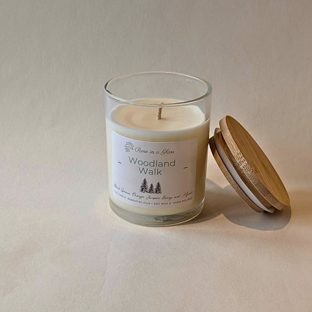 Soy candle in the Woodland Walk aromatherapy wellness gift set to find calm focus and tranquillity